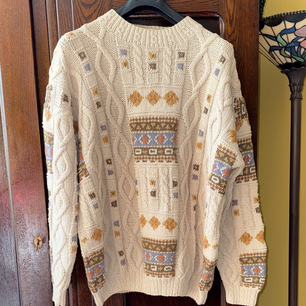 Vintage JJ.Farmer Cream Patterned Handknit Oversized 100% Cotton Sweater